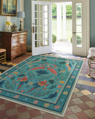 Birds Of A Feather Aqua Flatwoven Rug by Iris Apfel